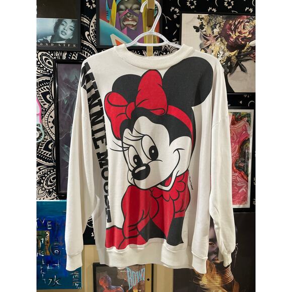 Rare 1990s Walt Disney Minnie Mouse Big Face Crewneck Double-Sided AOP White XL - Picture 1 of 9